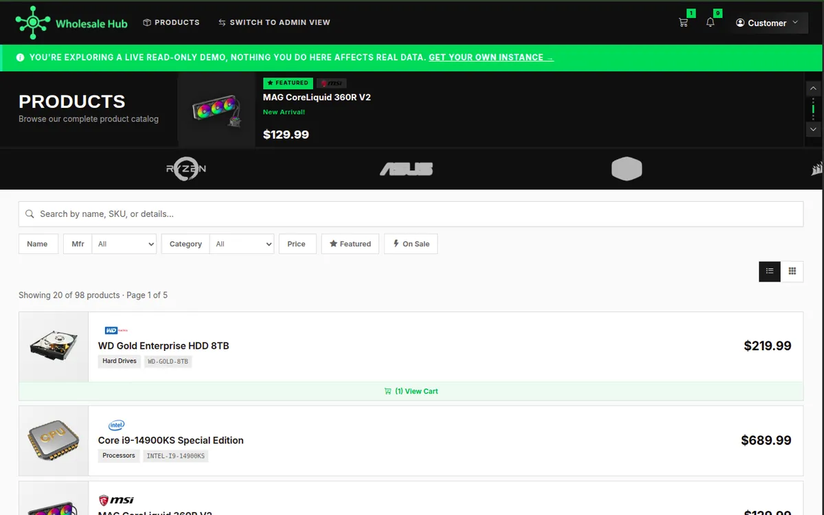 Wholesale Hub product catalog in the live demo